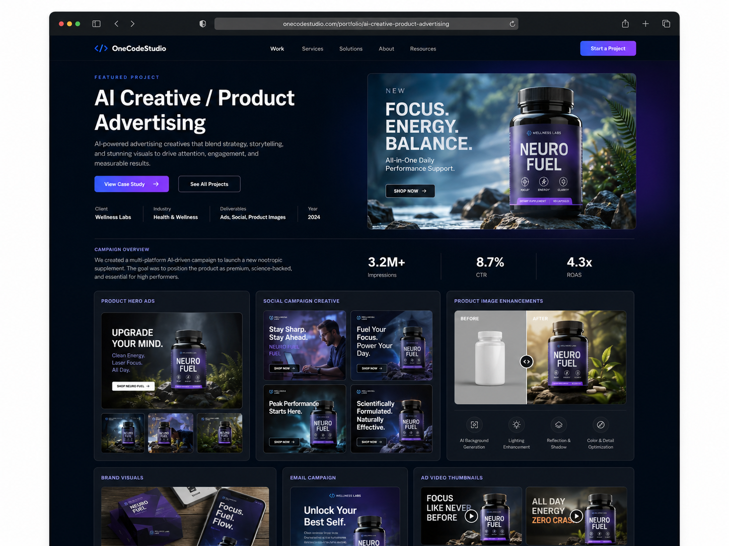 OneCodeStudio AI creative and product advertising portfolio mockup